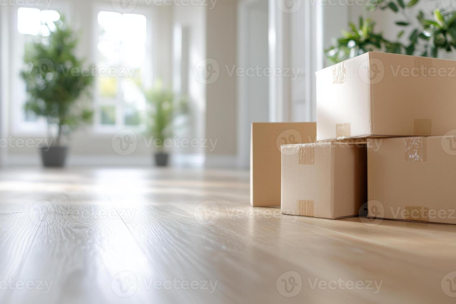 Boxes stacked in an empty room during a move with natural light illuminating the space and greenery visible through large windows photo