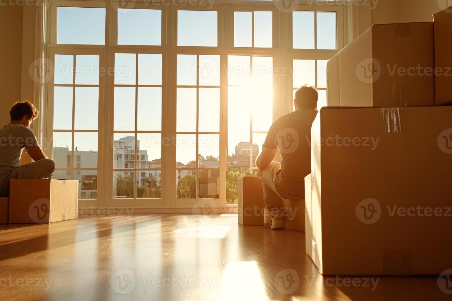 Preparing for a new beginning while sitting on cardboard boxes as sunlight floods a spacious, bright room in the evening before moving day photo