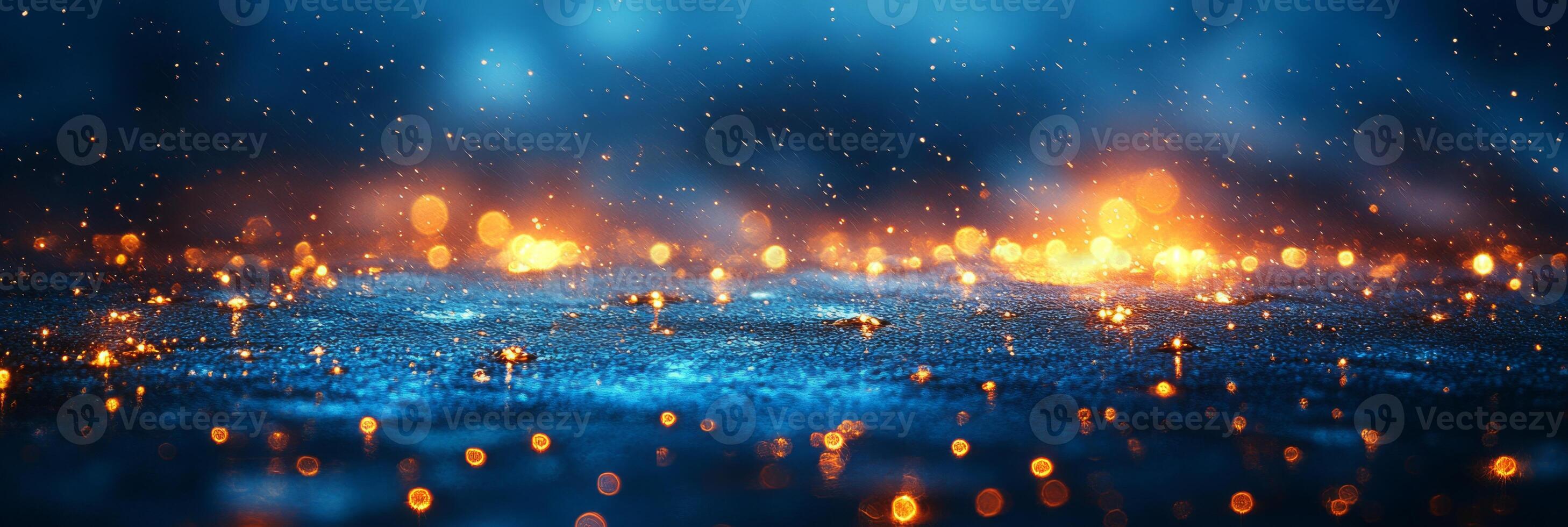 Bokeh blue background with shimmering lights creating a dreamlike atmosphere in a softly lit environment during evening hours photo