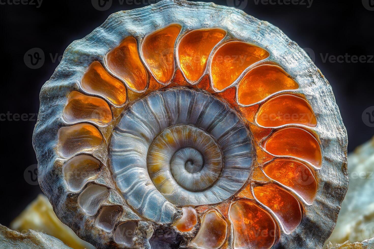 Exploration of the intricate structure of a half side ammonite showcasing vivid colors and patterns found in marine fossils photo