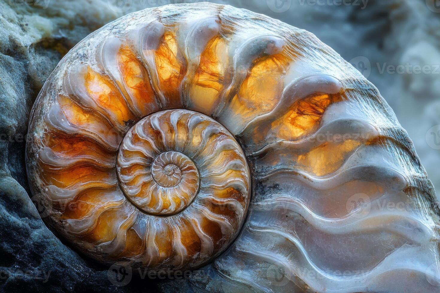 Exquisite half side view of an ammonite showcasing intricate patterns and rich colors discovered at a paleontological site under natural light photo