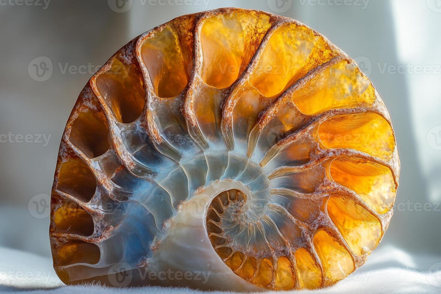 Exploration of an intricate ammonite macro half side showcasing stunning patterns and colors reflecting natural history from ancient oceans photo