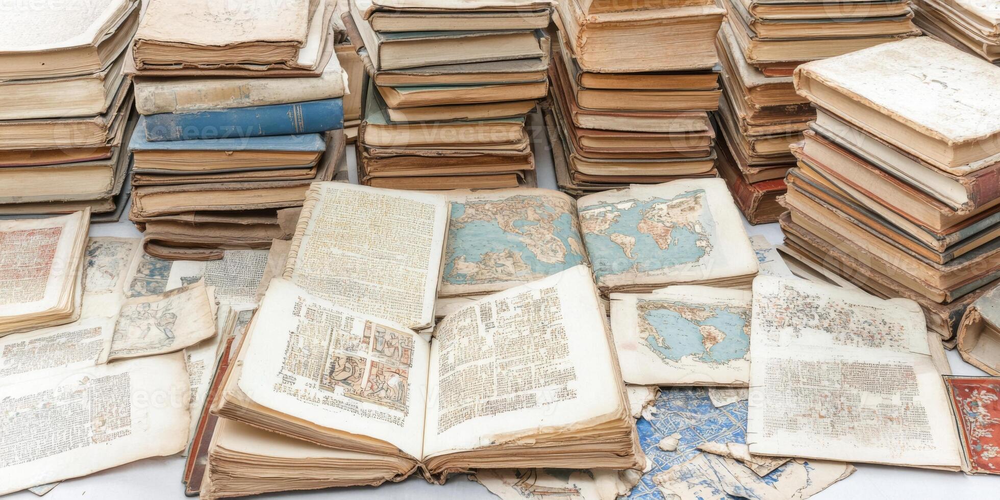 Collection of ancient books revealed on a table with various maps and historical texts in a dimly lit room, showcasing their worn pages and intricate designs from a bygone era photo