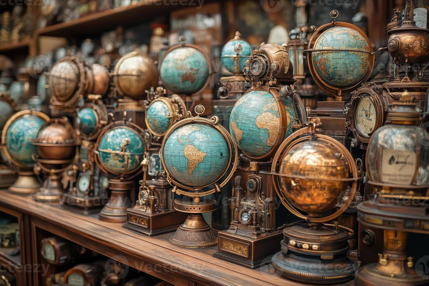 Antique weather instruments showcase craftsmanship and history in a warm, inviting display, featuring globes and barometers from different eras, each telling a unique story of exploration and science photo