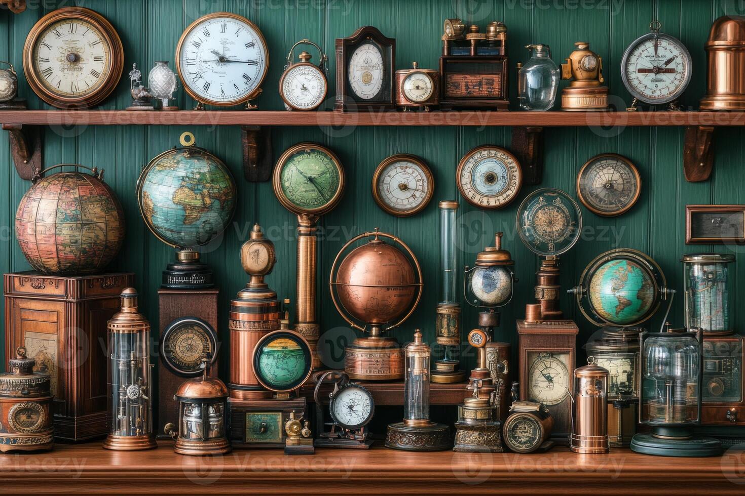 Collection of antique weather instruments displayed in a vintage setting showcasing various styles from different eras with globes, clocks, and barometers elegantly arranged on shelves photo
