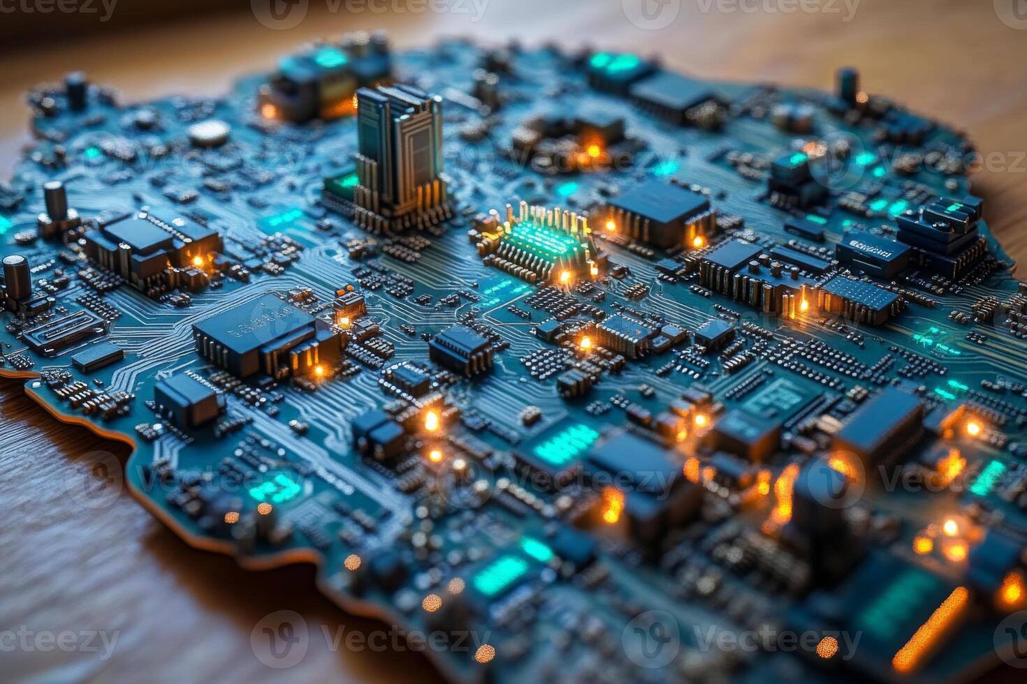 Illuminated circuit board with microchips showcasing advanced technology in a close up view designed for intricate electronic applications photo