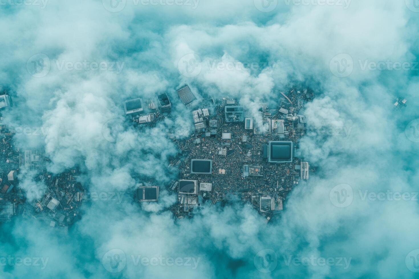 Aerial view city engulfed in electronic waste, illustrating the aftermath of a technological collapse amidst swirling clouds and haze, highlighting contrast between modernity and environmental decay photo