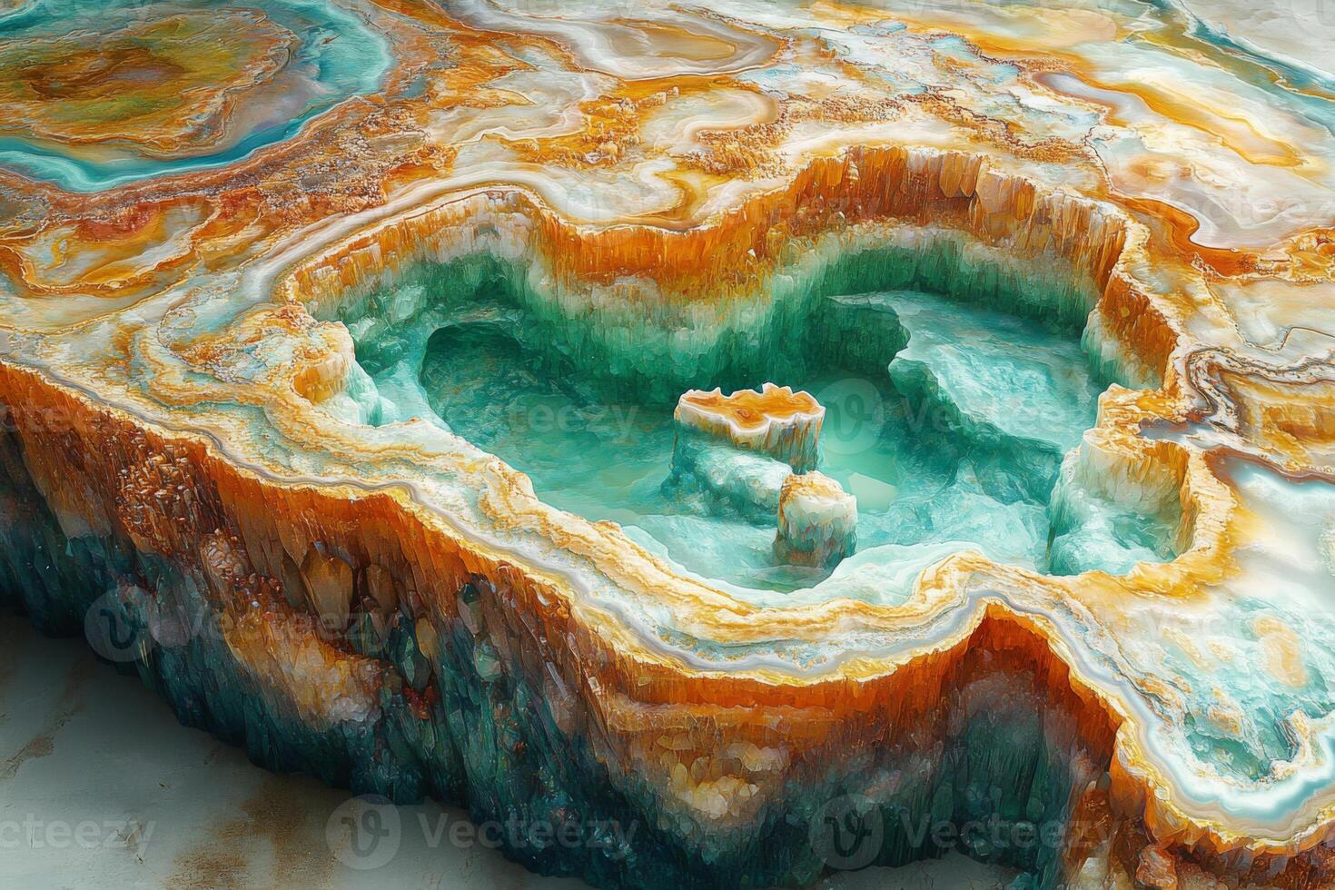 Mineral closeup reveals intricate patterns and textures showcasing vibrant hues of orange, green, and white, emphasizing the natural beauty of geological formations found in earths crust photo