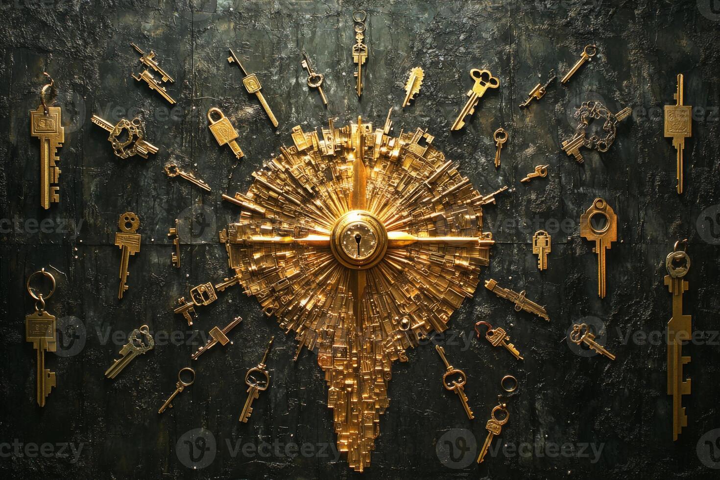 Collection of vintage keyhole keys arranged artistically on a textured dark background showcasing their intricate designs and historic craftsmanship with a captivating golden shine photo