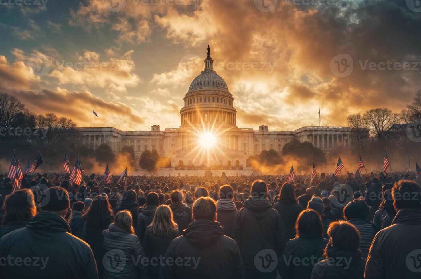Celebration of inauguration at dawn with a stunning sunrise illuminating the building and a large crowd gathering in anticipation of the event photo