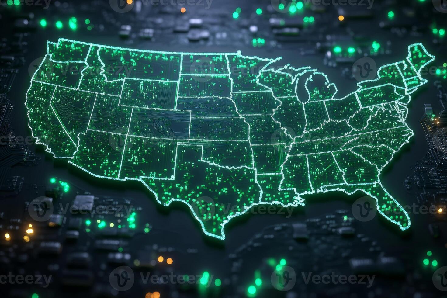 Neon light depiction of the United States highlighting major cities and regions with vibrant green circuitry detail, showcasing innovation and technology in a dynamic format photo