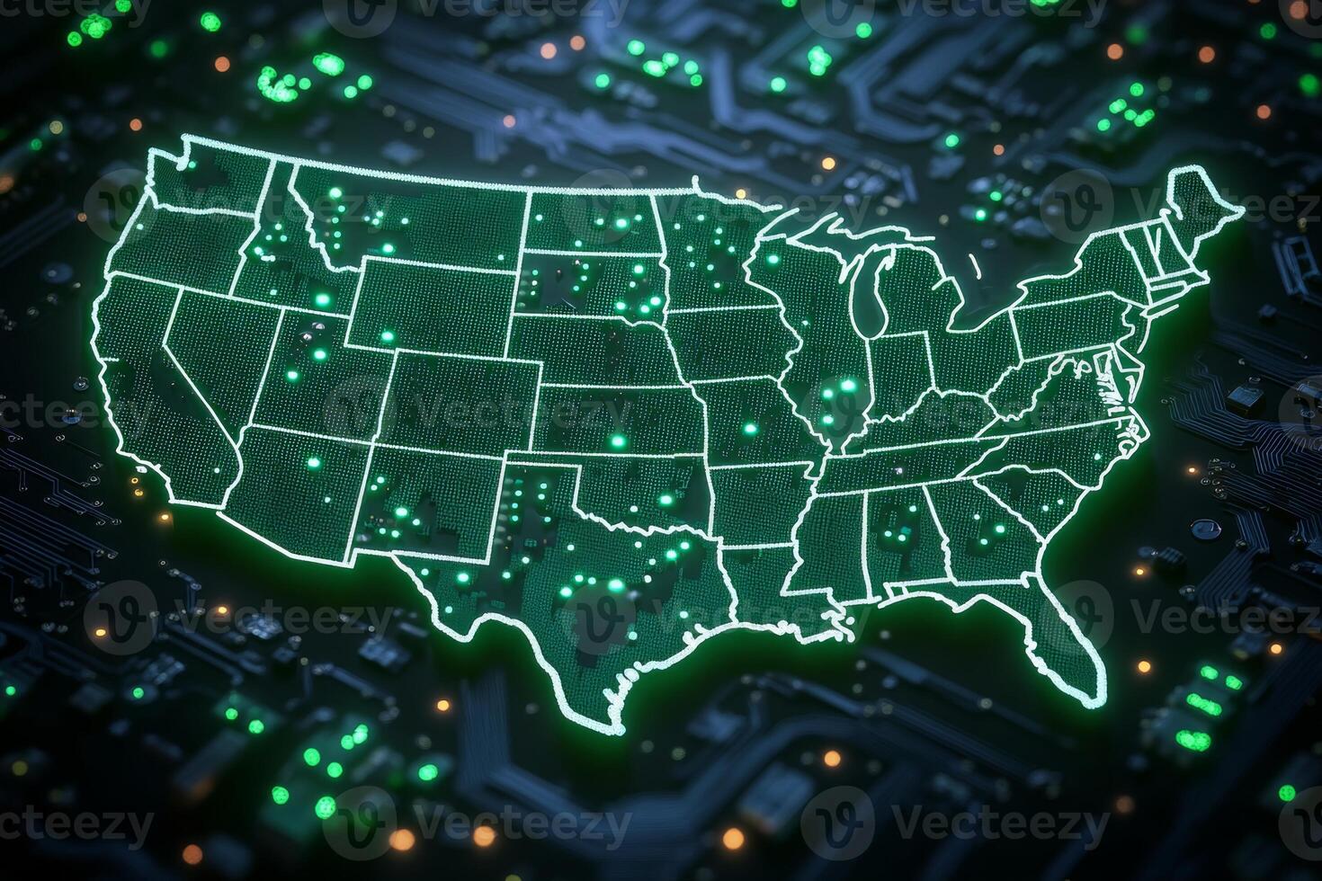 Neon light map of United States showcasing connected digital networks in a vibrant design illuminated against a dark circuit board background photo