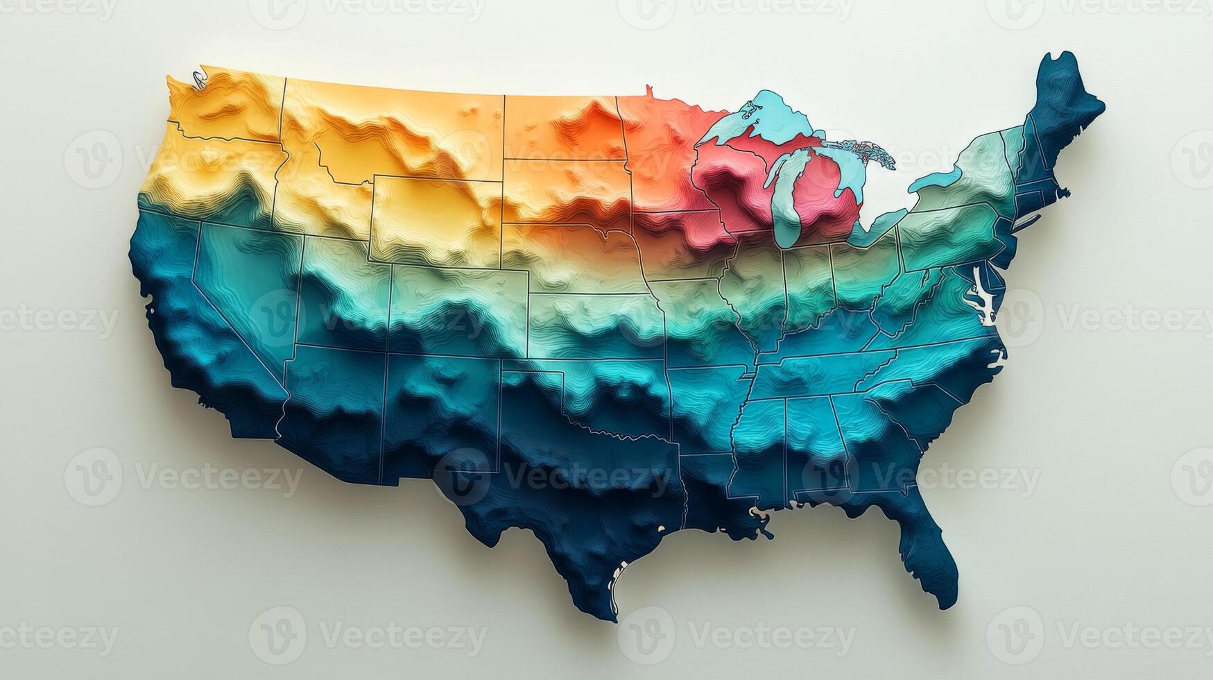Exploration of geographical features in USA map highlighting elevation changes across different regions with vibrant color gradients representing topographical variations photo