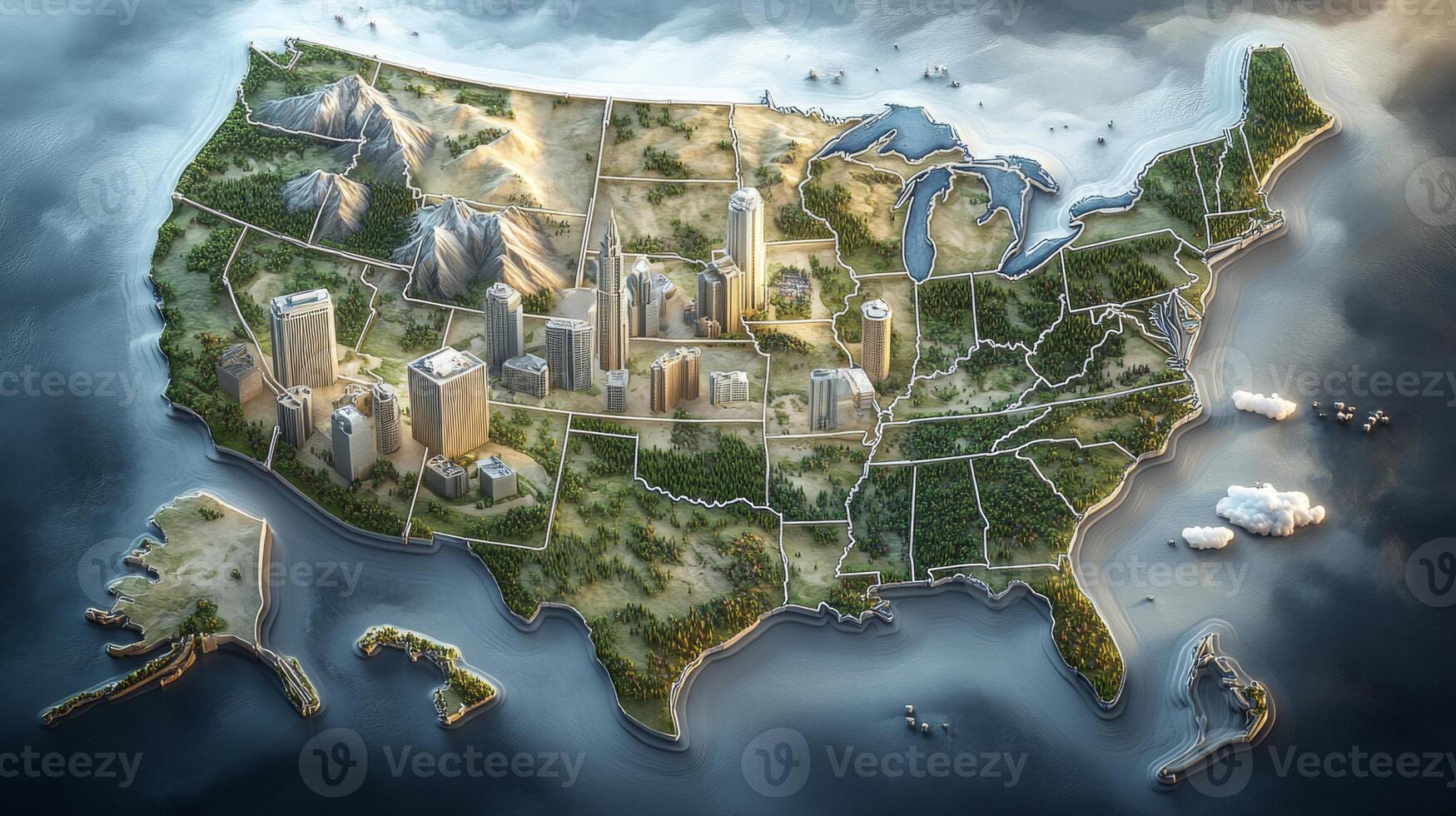 Relief representation of the United States with detailed topography and city highlights illustrating geographical features and urban landscapes photo
