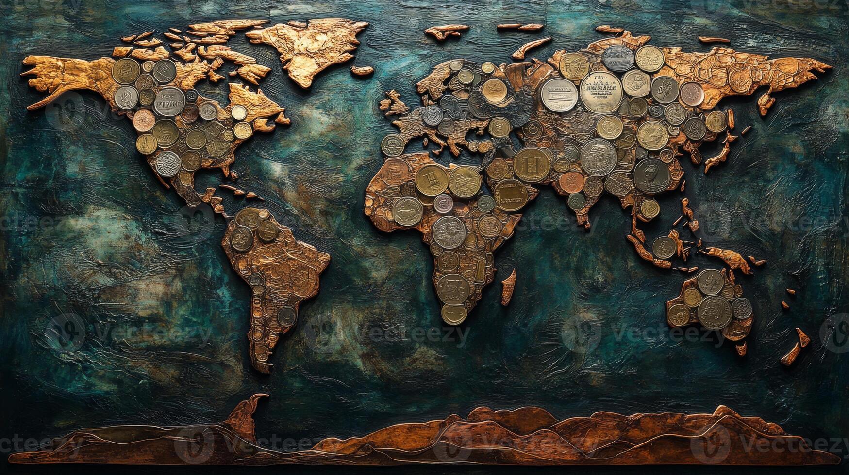 Artistic world map created with coins representing global currencies, showcasing diverse cultures and economies crafted from mixed materials on textured surface photo