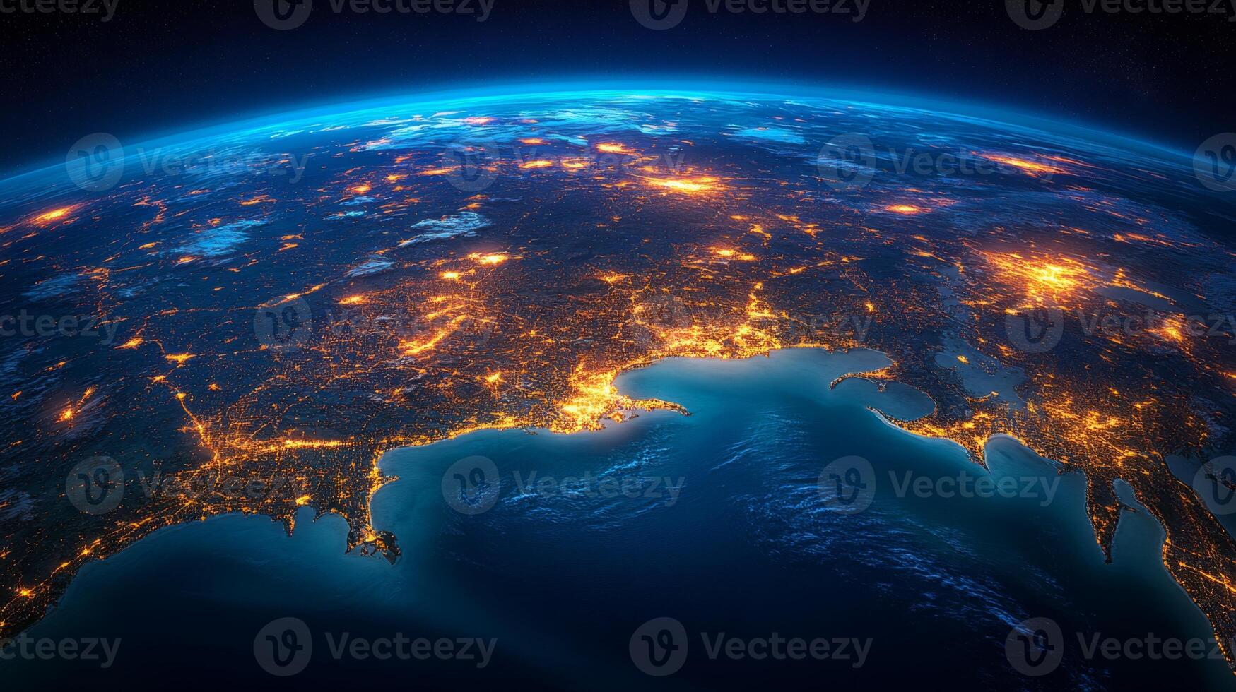 This vivid satellite view captures the Earth at night, emphasizing the bright lights of cities along the coastline. photo