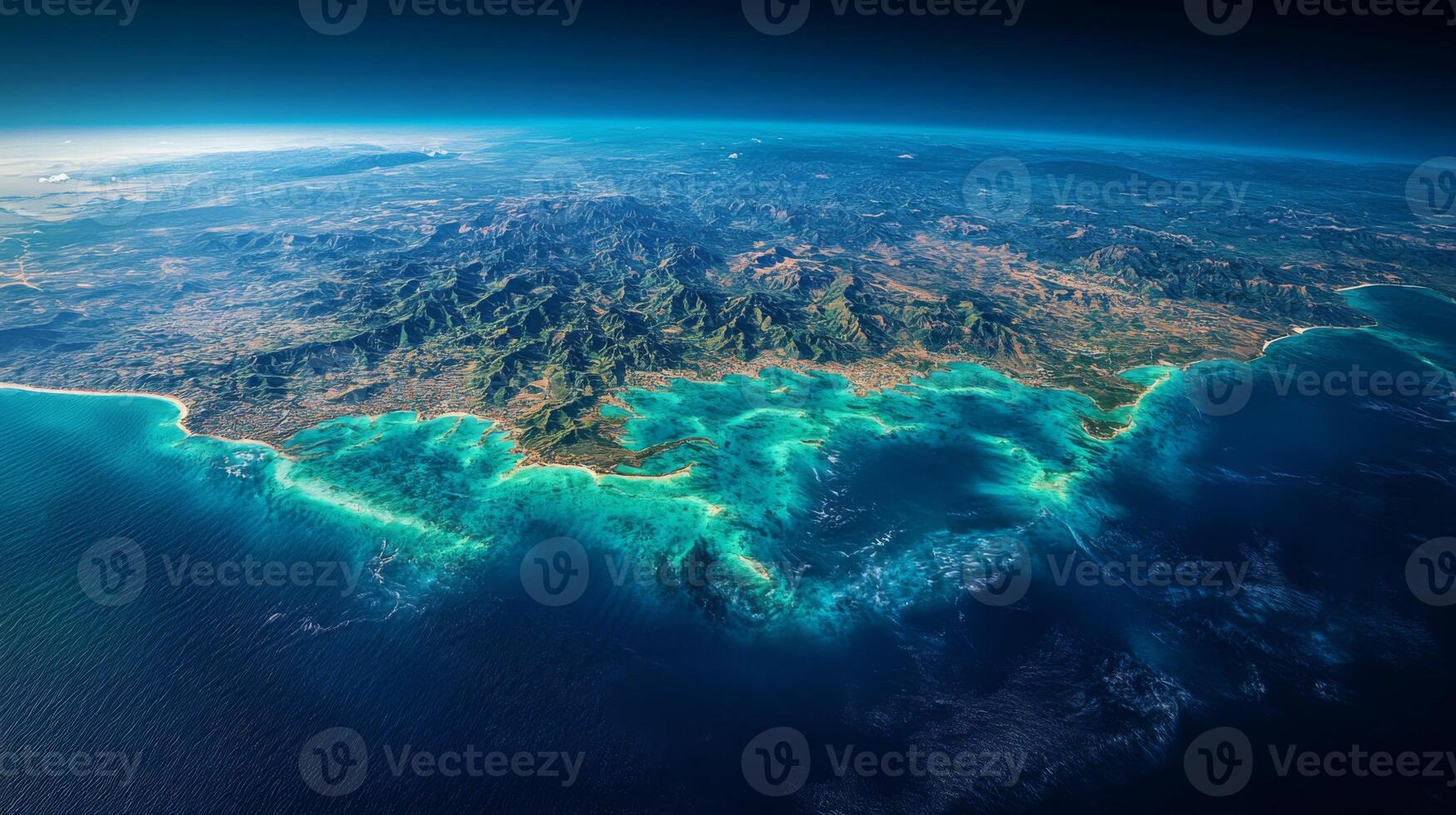 Vibrant turquoise waters surround a mountainous island, with lush greenery visibly contrasted against rocky terrains. The view captures the beauty and isolation of this natural landscape. photo