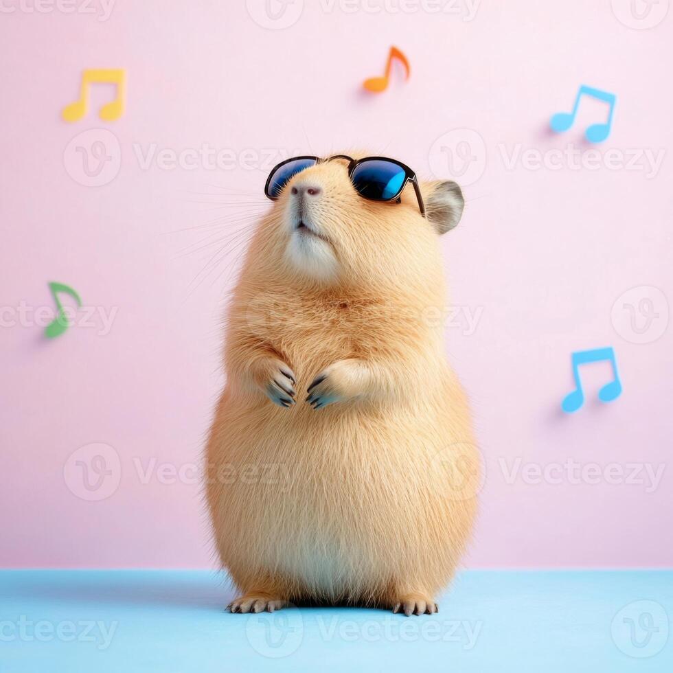 Dancing capybara wearing sunglasses enjoys a lively atmosphere with colorful musical notes surrounding it, set against a playful pastel background during an upbeat celebration photo