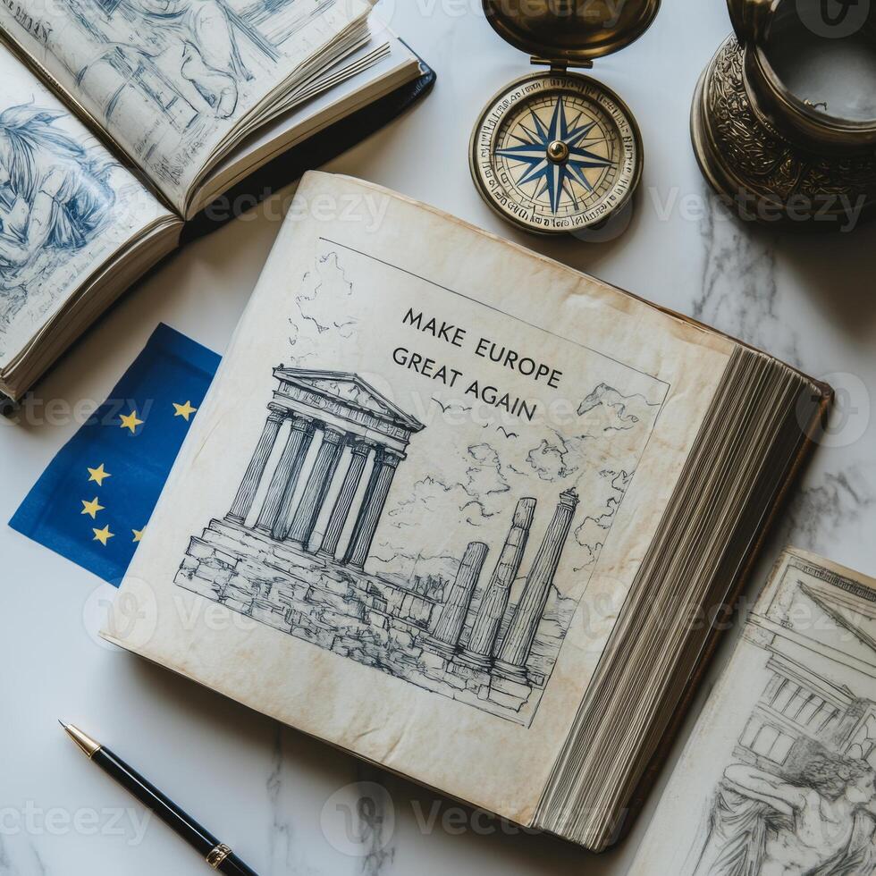 Slogan displayed in an artistic layout on an open book, featuring classical architecture and a European flag, conveying a message about cultural pride and unity in the context of European heritage photo