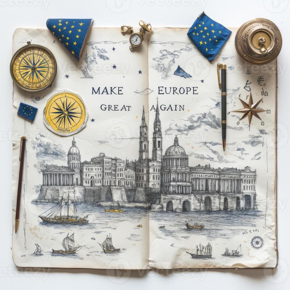 Artistic representation of historical landmarks and symbols featuring slogan Make Europe Great, showcasing European architecture along a river with nautical elements and decorative items photo
