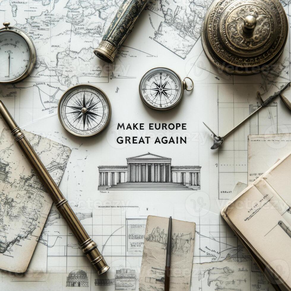 Slogan and vintage maps create a thematic exploration of European history and identity in a creative workspace filled with historical artifacts and navigational tools photo