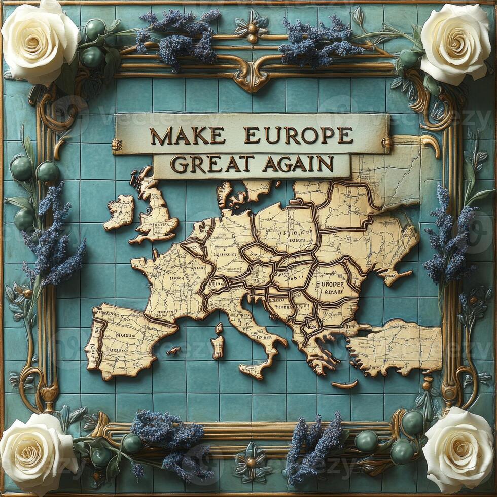 Artwork featuring a decorative map of Europe framed with flowers and a slogan promoting unity, captured in a creative setting emphasizing European culture and geography photo