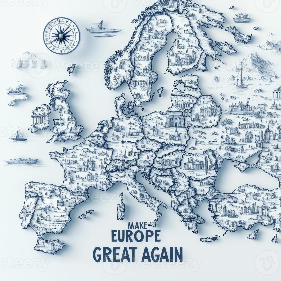 Illustration of Europe featuring intricate drawings of landmarks and the slogan Make Europe great, emphasizing a call for unity and pride across the continent photo