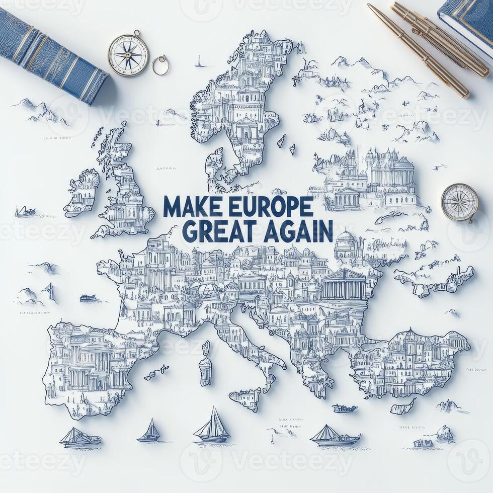 Creative map illustration promoting European heritage, showcasing famous landmarks and cultural elements while emphasizing the slogan Make Europe great again in bold lettering photo