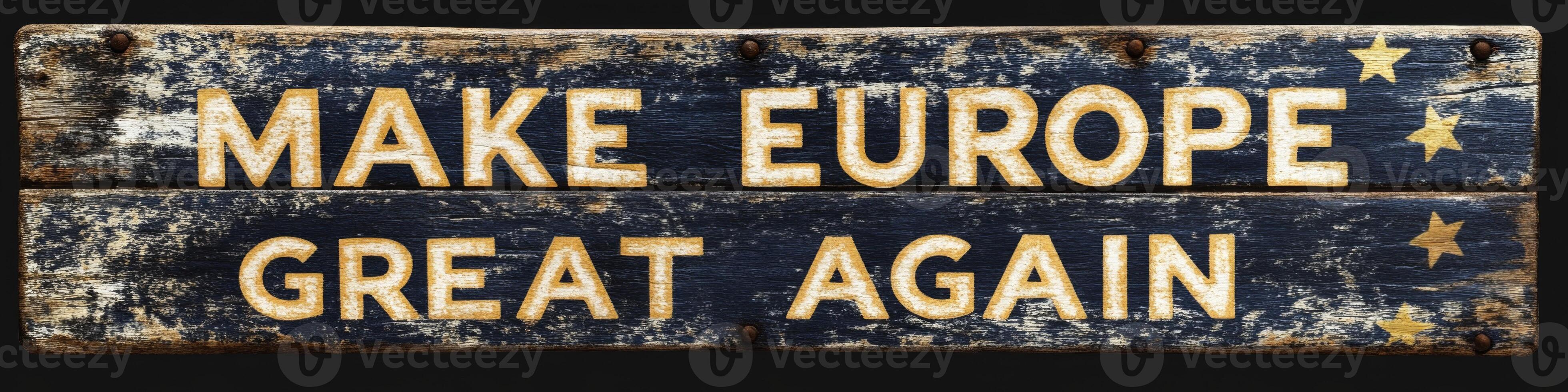 Rustic wooden banner conveying a political message advocating for the revitalization of Europe, featuring bold lettering and star designs against a distressed backdrop photo