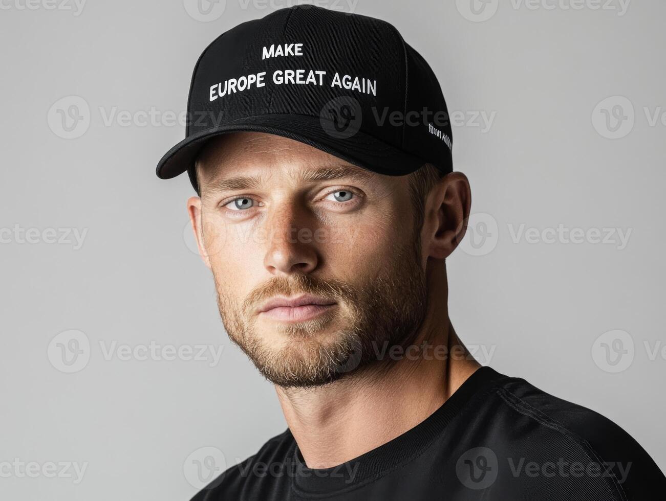Man wearing cap with slogan Make Europe great again, focusing on expression and style in a neutral background photo