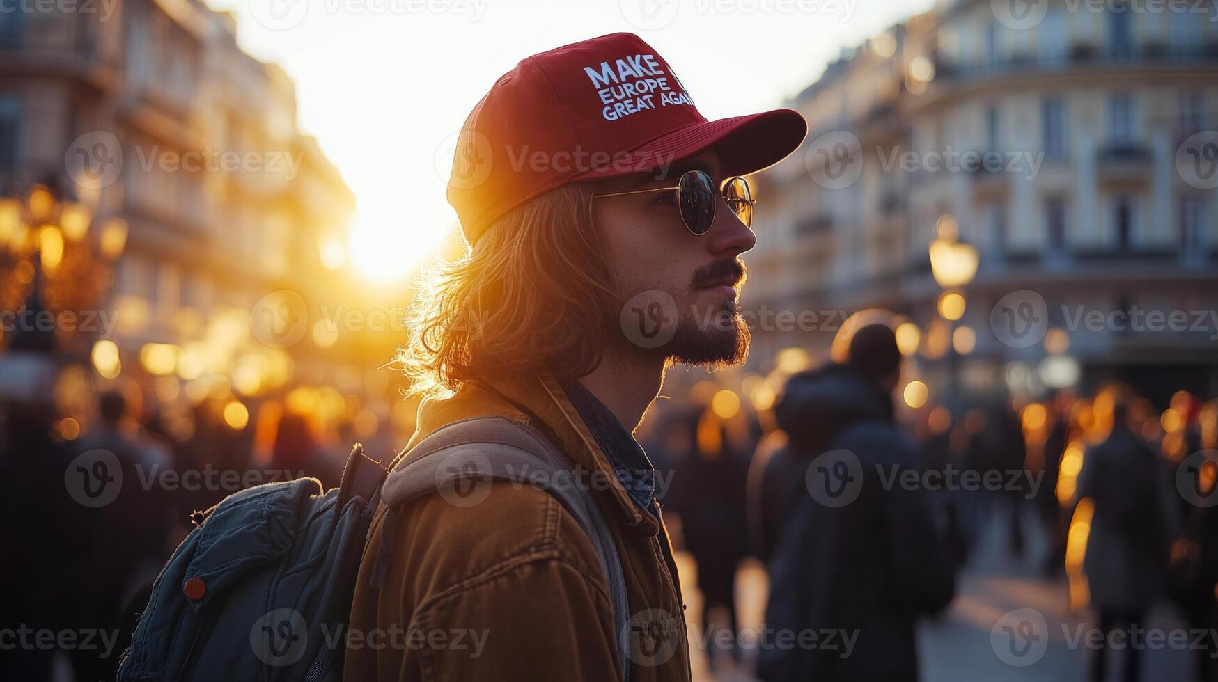 Man wearing red cap with slogan Make Europe great again stands among a crowd at sunset in an urban setting, showcasing a moment of social engagement and expression photo