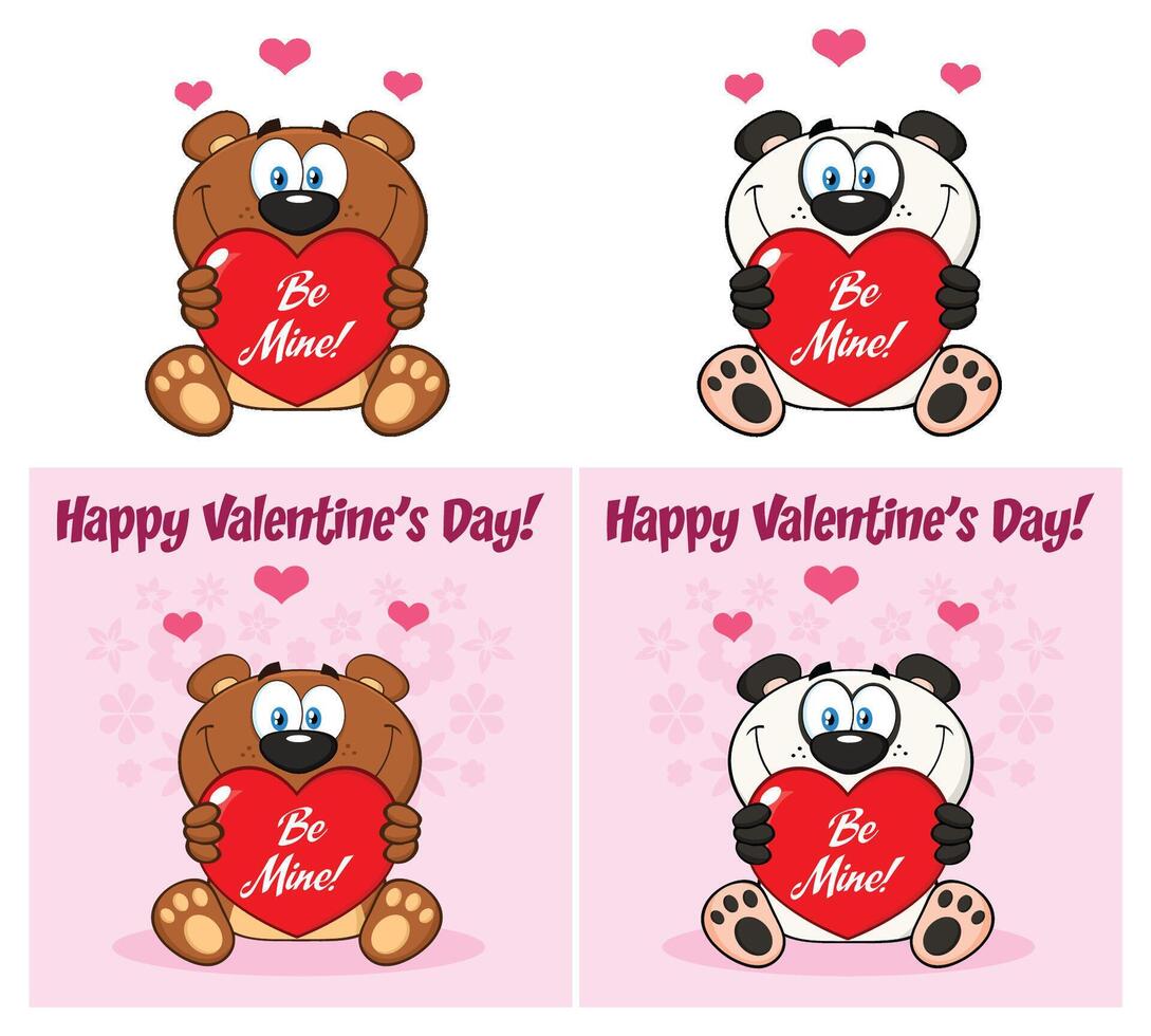 Bear And Panda Cartoon Mascot Character Holding A Valentine Love Heart. Collection Set vector