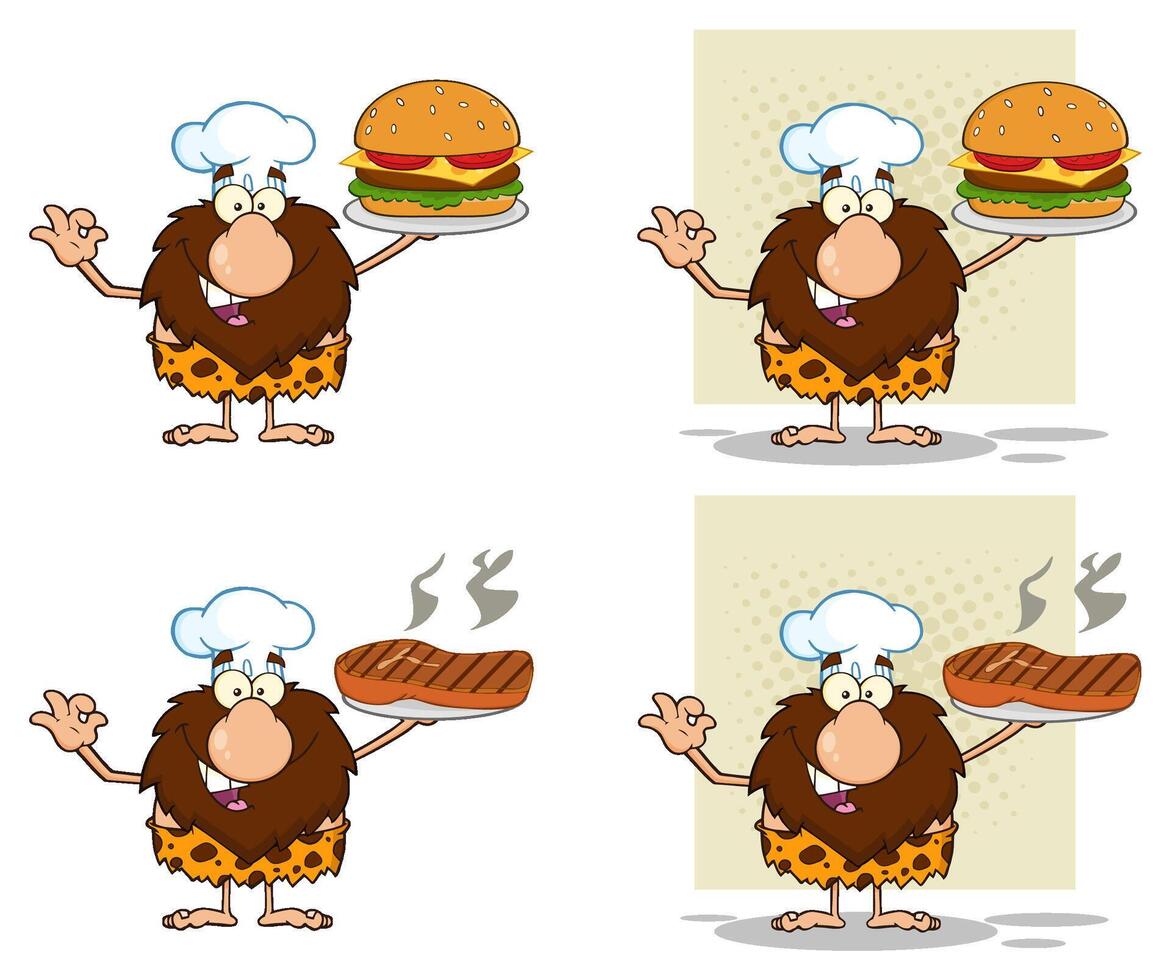 Funny Male Caveman Cartoon Character. Collection Set vector