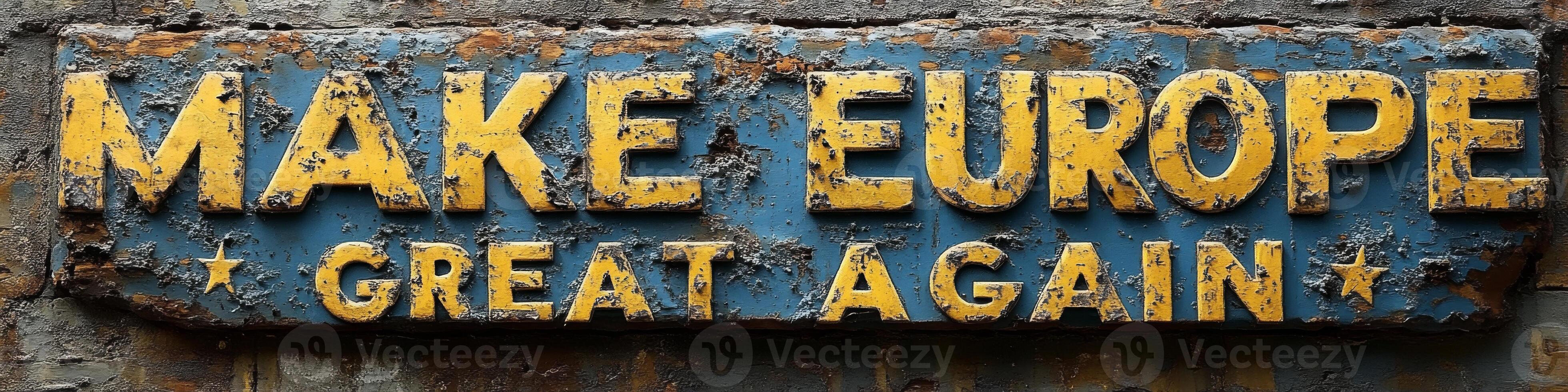 Rustic wooden sign promoting European unity, displayed in an urban setting, highlighting a sense of nostalgia and a call for collaboration to Make Europe Great Again photo