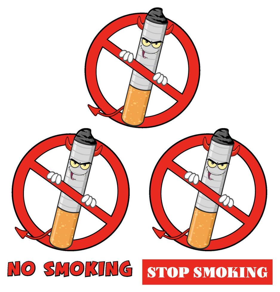 Devil Cigarette Cartoon Mascot Character Designs Red Sign. Collection Set vector