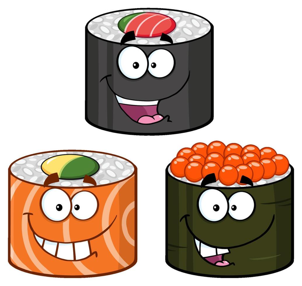 Three Sushi Roll Cartoon Mascot Characters. Collection Set vector