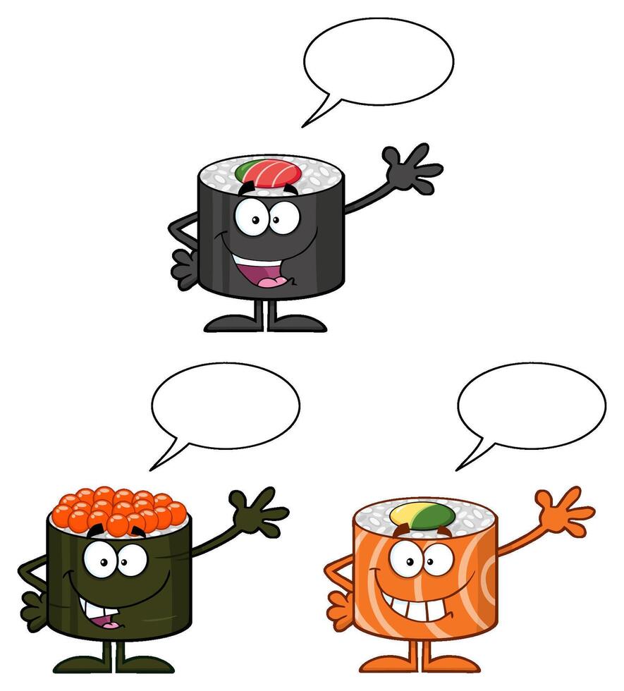 Talking Sushi Rolls Cartoon Mascot Characters Waving With Speech Bubble vector