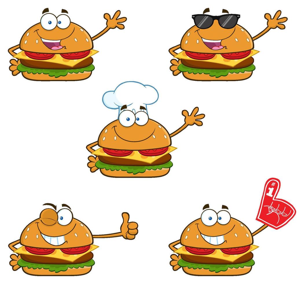 Burger Cartoon Mascot Character. Collection Set vector