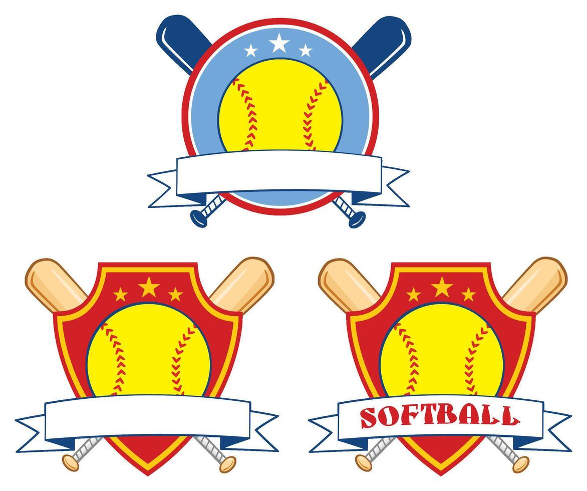 Yellow Softball Over Crossed Bats Logo Design Labels. Collection Set vector