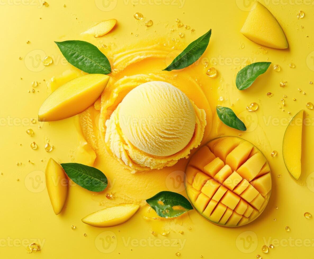 Delicious mango ice cream presented with fresh mango slices on a vibrant yellow background photo