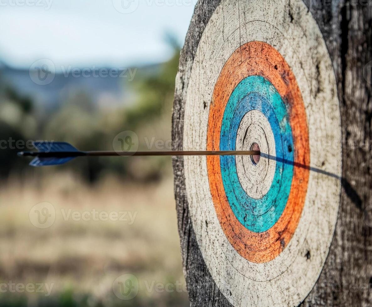 Archery target with arrow embedded in the center in a natural outdoor setting during daylight photo