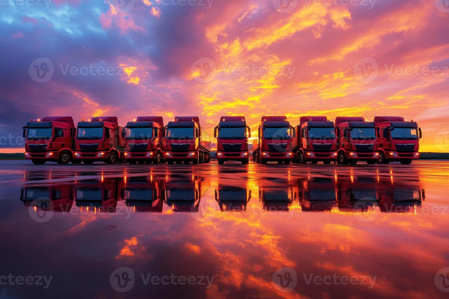 Trucks lined up against a vibrant sunset reflecting on wet ground in an open field photo