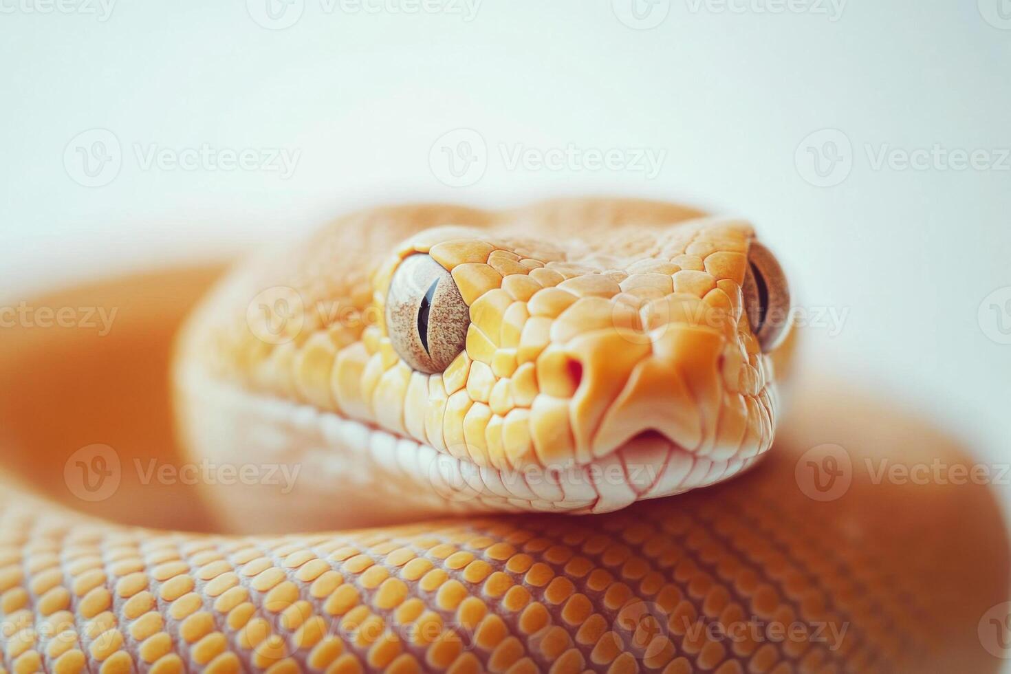Close-up of a beautiful yellow python resting on a surface, showcasing its unique scales and vivid colors during daylight photo