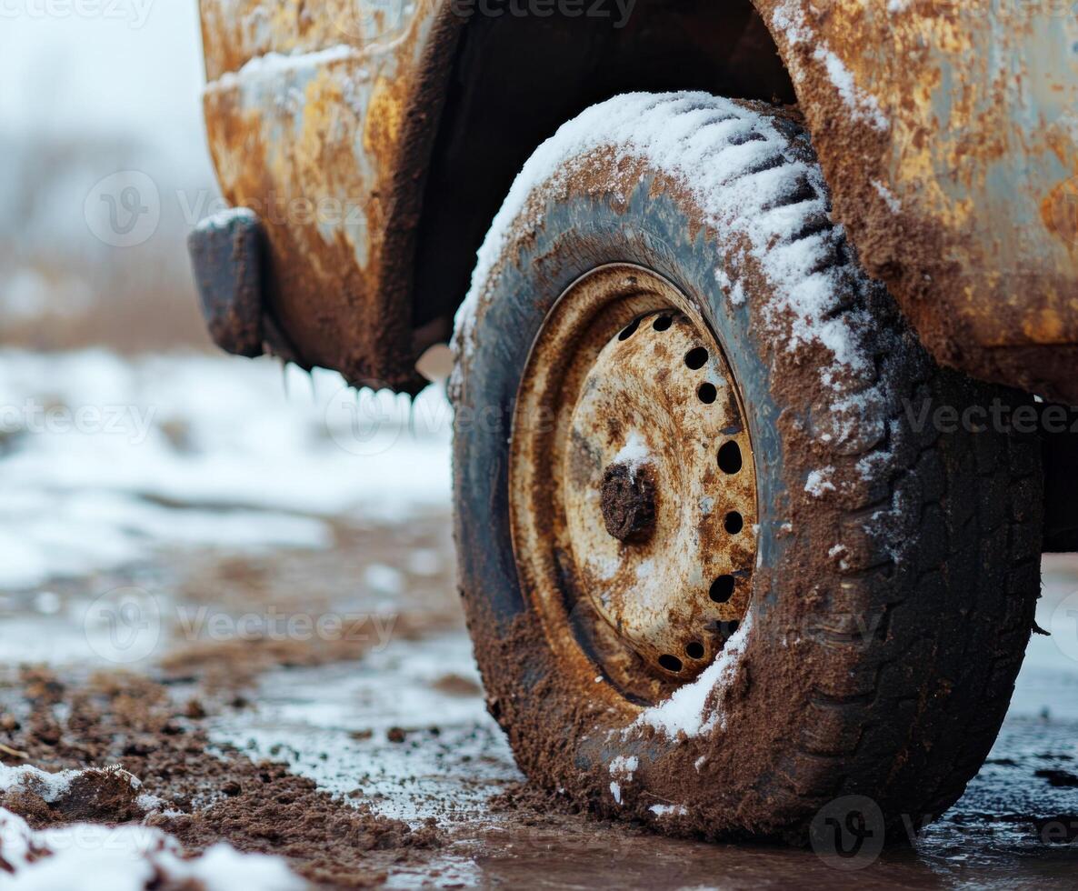 Rusty wheel covered in snow and mud on an abandoned vehicle during winter season in a rural area photo