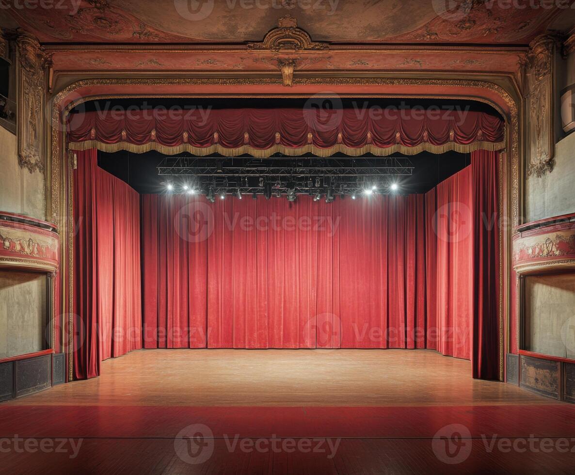 Elegant theater stage with red curtains ready for a performance in a historic venue photo