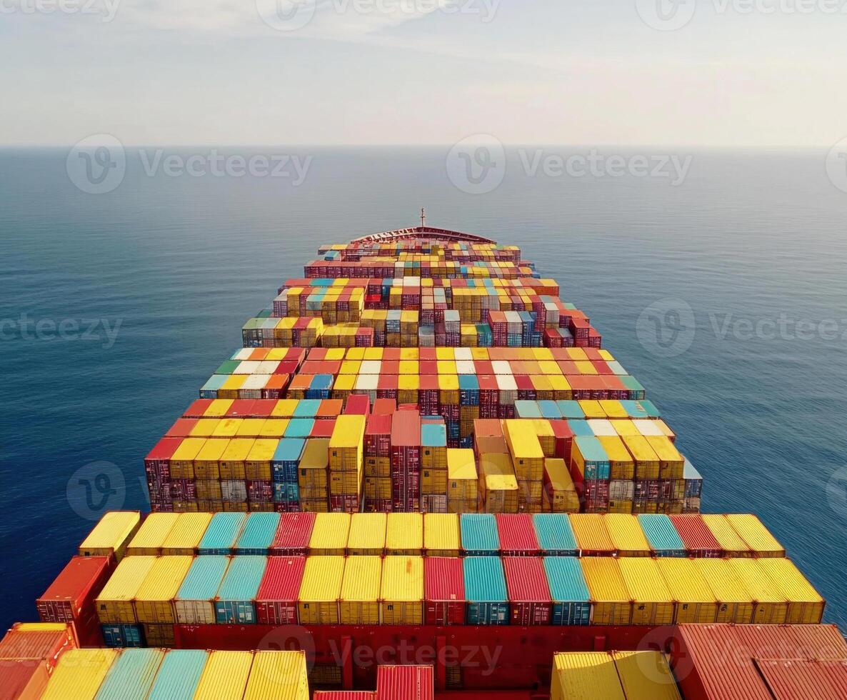Cargo ship sailing through calm waters with vibrant containers stacked high on deck photo