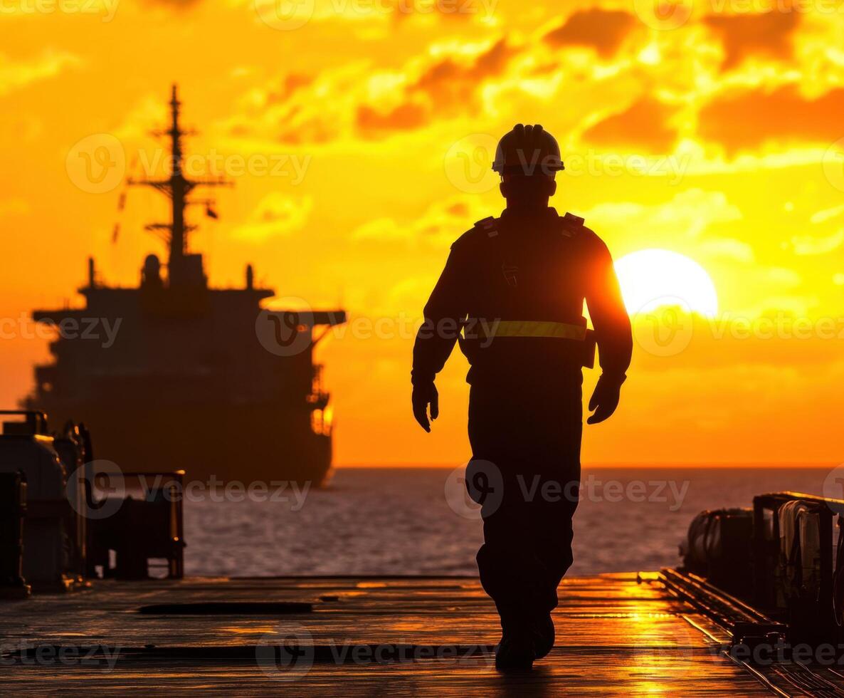 Sailor walks toward sunset on deck near large ship while wearing safety gear photo
