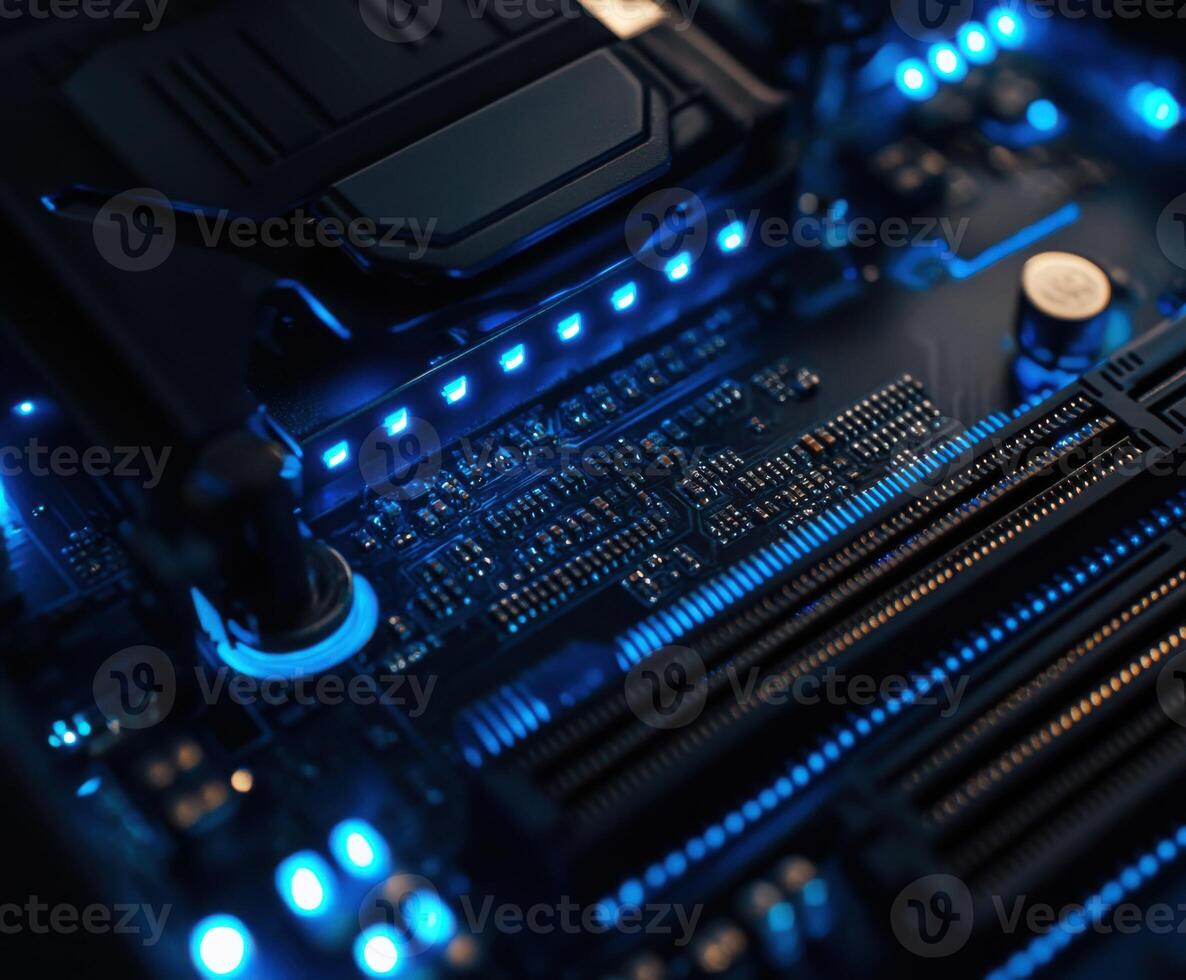 Electronic circuit board illuminated by blue lights, showcasing intricate details and modern technology photo