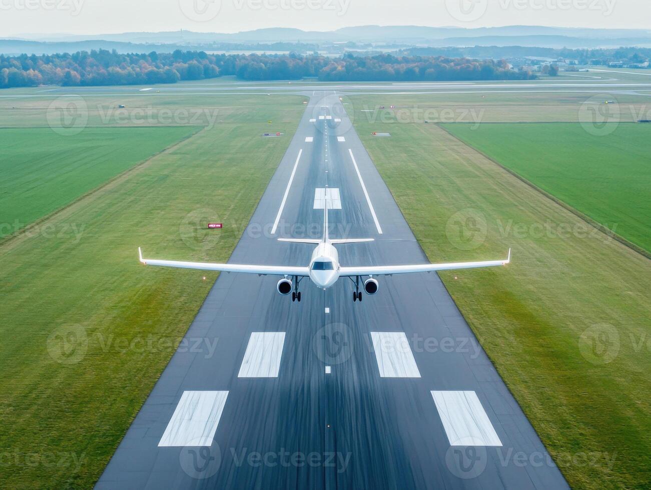 Airplane prepares to land on a clear runway in a scenic location during the early hours of the day photo