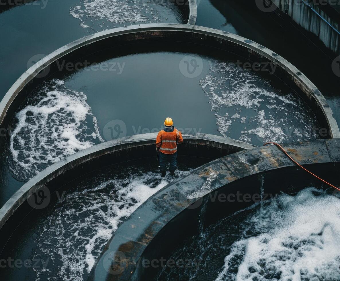 Worker monitors water treatment processes at a facility with circular tanks and flowing water in the background photo